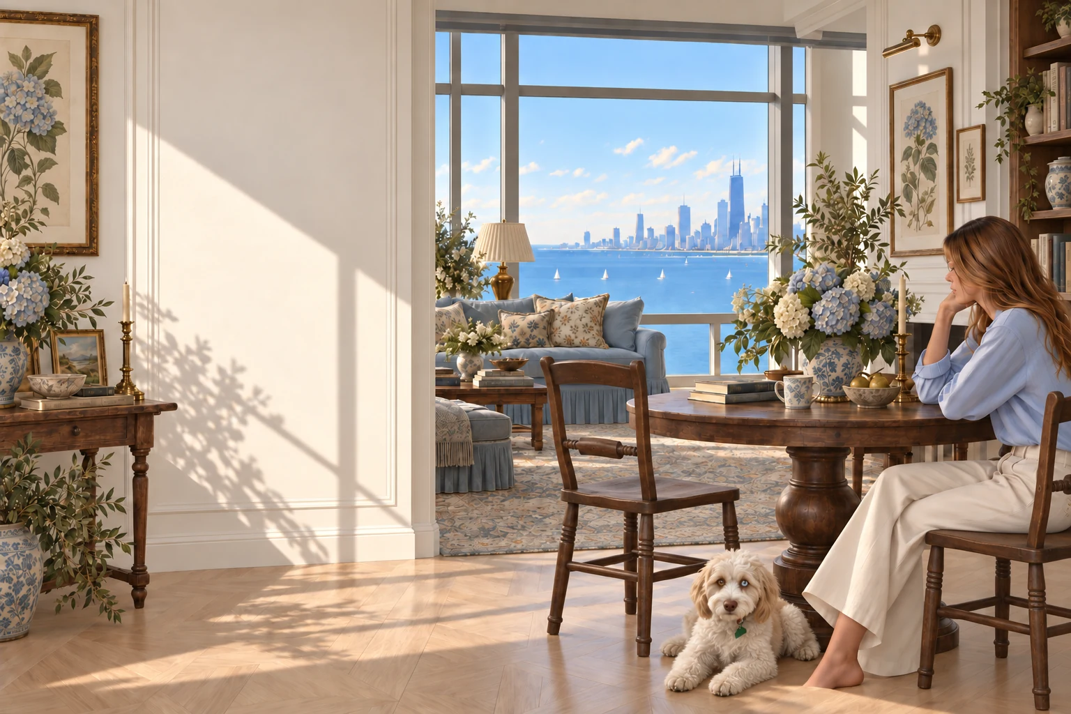 Illustrated coastal-inspired apartment with a woman enjoying a quiet afternoon.