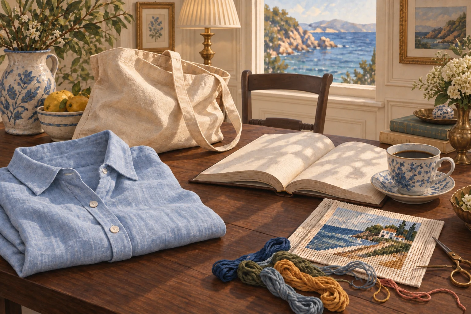 Illustrated powder-blue blouse, canvas tote, coffee, book, and needlepoint in afternoon light.