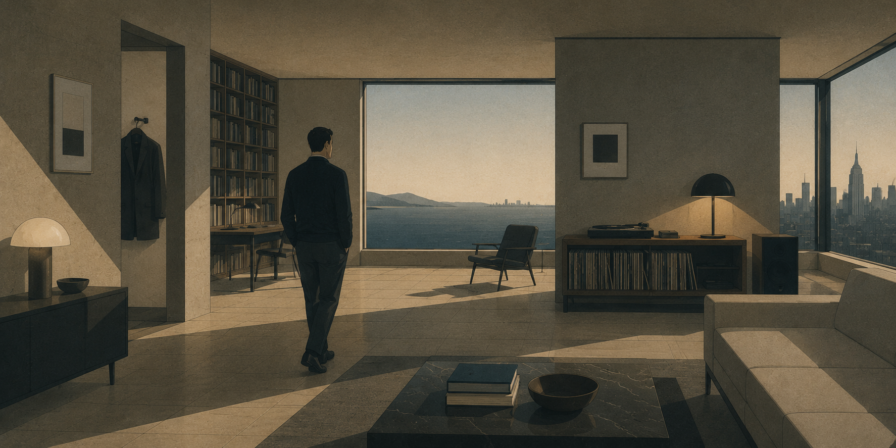 An illustrated apartment filled with records, books, clothing, and architectural light.